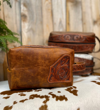 Tan Tooled & Leather Toiletry Bag