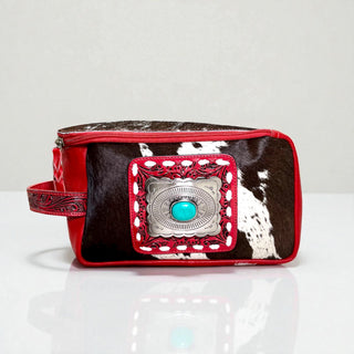 Red Concho tooled & cowhide makeup bag