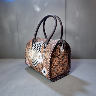 Cards checker tooled leather speedy bag