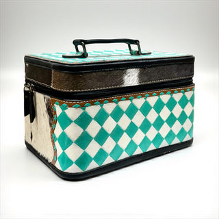 Turquoise Checker tooled leather & cowhide jewelry box