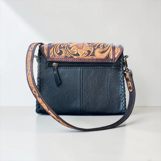 Daisy tooled leather & cowhide shoulder bag