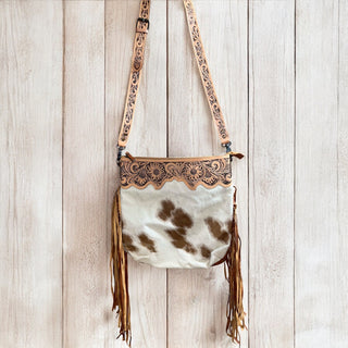Tan tooled leather & cowhide fringe crossbody bag