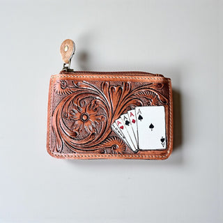 Cards tooled leather & cowhide coin pouch
