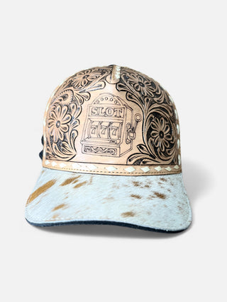 Jackpot tooled leather & cowhide cap