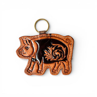 Pig tooled leather & cowhide keychain