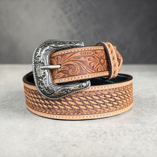 Basketweave tooled leather belt