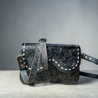 Total black tooled leather crossbody bag