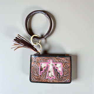 Pink Thunderbird tooled & cowhide wristlet