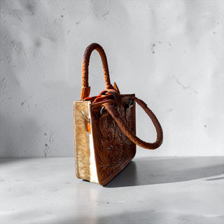Tan tooled leather & cowhide crossbody bag