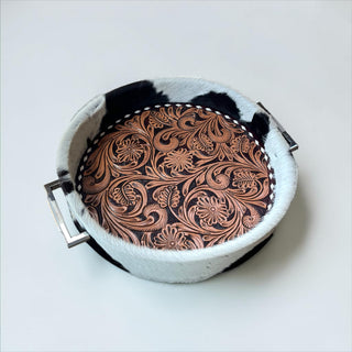 Brown tooled leather & cowhide tray