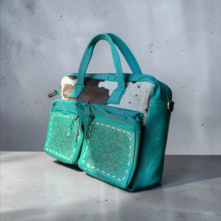 Turquoise tooled leather & cowhide briefcase