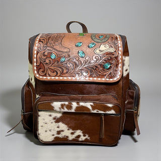 Cowgirl tooled leather & cowhide backpack