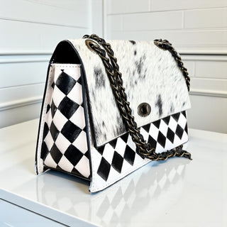 Checker tooled leather & cowhide shoulder bag
