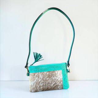 Turquoise tooled leather & cowhide crossbody bag