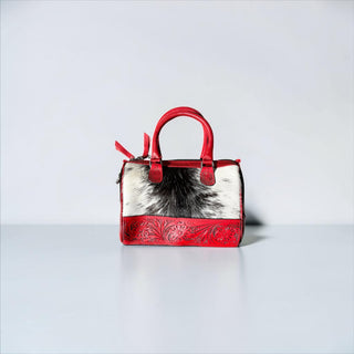 Red tooled leather & cowhide mini speedy bag