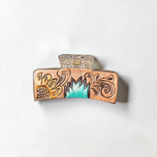 Sunflower western tooled leather hair claw clip