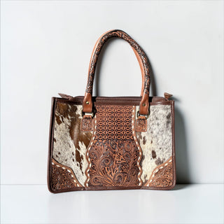 Brown tooled leather & cowhide tote bag