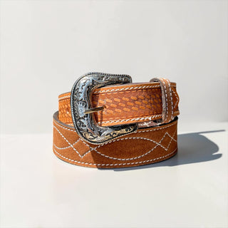 Tan BootStitch suede tooled leather belt