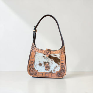 Tan tooled leather & cowhide shoulder bag
