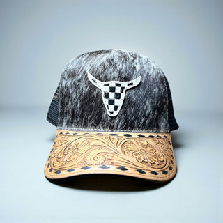 Checkered longhorn tooled leather & cowhide cap