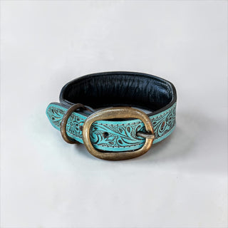 Turquoise cowhide dog collar