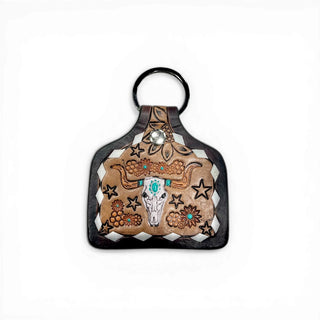 Longhorn tooled leather & cowhide keychain