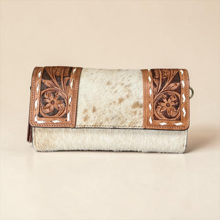 Tan tooled leather crossbody wallet