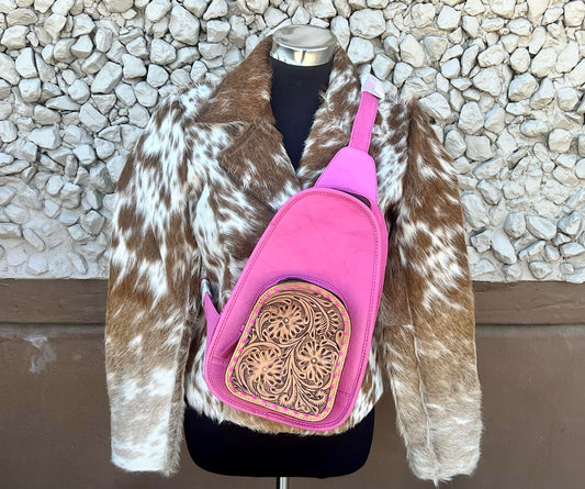 Pink leather tooled Sling Bag/ Bum Bag