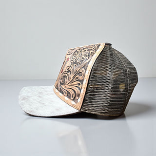 Tooled leather & cowhide cap
