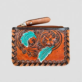 Feathers tooled leather & cowhide coin pouch