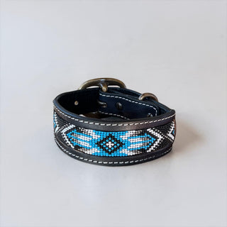 Blue Aztec tooled leather dog collar