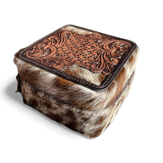 Brown tooled leather & cowhide jewelry box