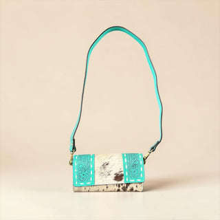 Turquoise tooled leather crossbody wallet
