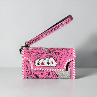Pink cards tooled leather & cowhide wallet