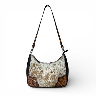 Brown tooled leather & cowhide shoulder bag