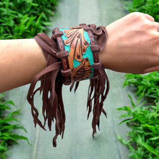Turquoise tooled leather fringe bracelet
