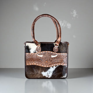 Brown tooled leather & cowhide tote bag