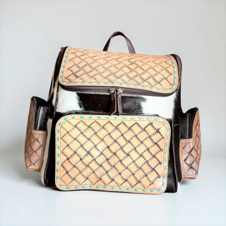 Basketweave tooled leather & cowhide backpack
