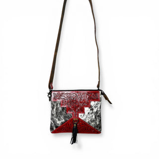 Red tooled leather & cowhide crossbody bag