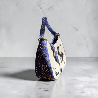 Purple tooled leather & cowhide shoulder bag