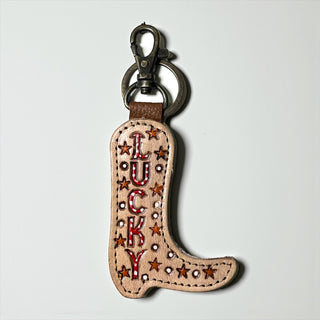 Lucky tooled leather & cowhide keyring