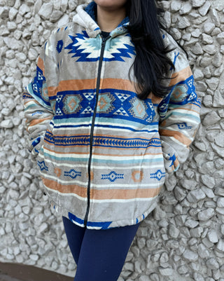 Cream & Blue Western Fleece Sherpa Jacket