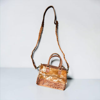 Brown tooled leather & cowhide mini speedy bag