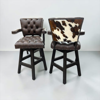 Dark brown leather & cowhide tufted barstools
