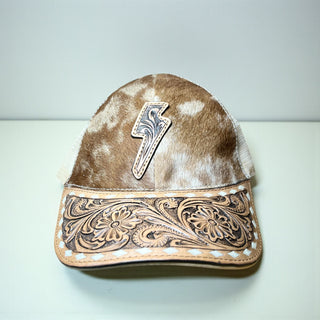 Lightning tooled leather & cowhide cap