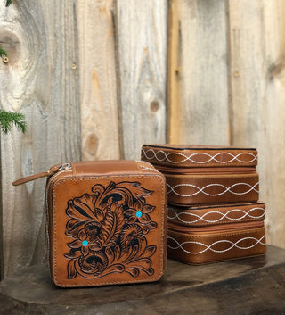 Floral Turquoise Leather Tooled Mini Jewelry Box