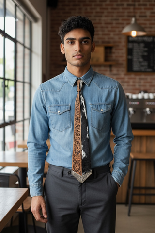 Cowhide/tooled leather tie