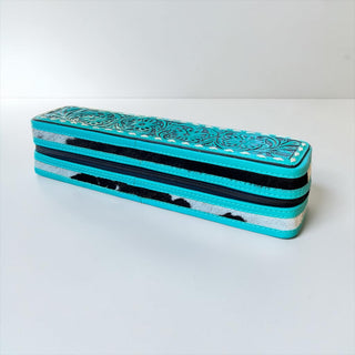 Turquoise tooled leather & cowhide iron case