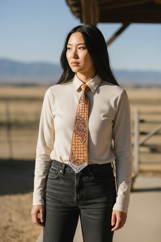 Checker floral tooled leather tie