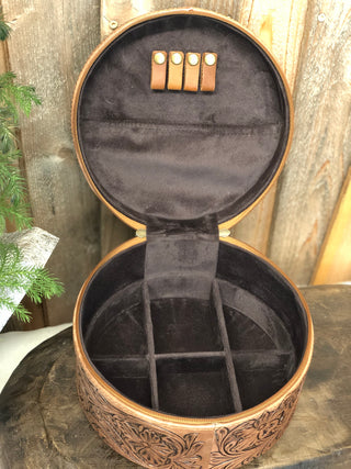 Round Cowhide Tooled &  Leather Jewelry Box